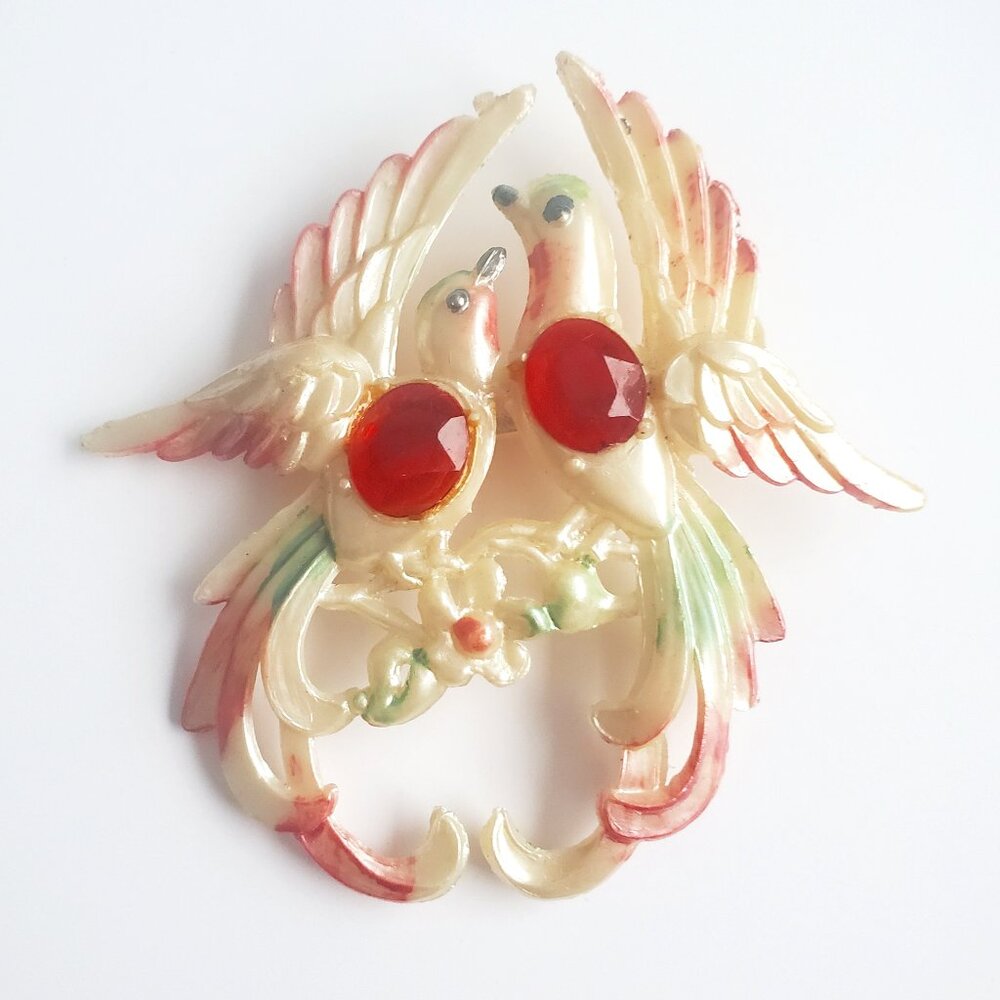 1940s RARE Jelly Belly Birds of Paradise Brooch Celluloid Plastic Faux Stones